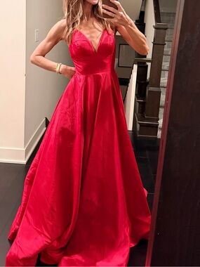 Sherri Hill Red V-Neck Satin Ball Gown